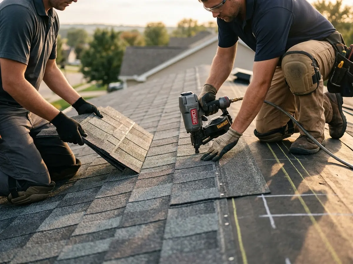 Professional roofer working on a residential roof in Hagerstown